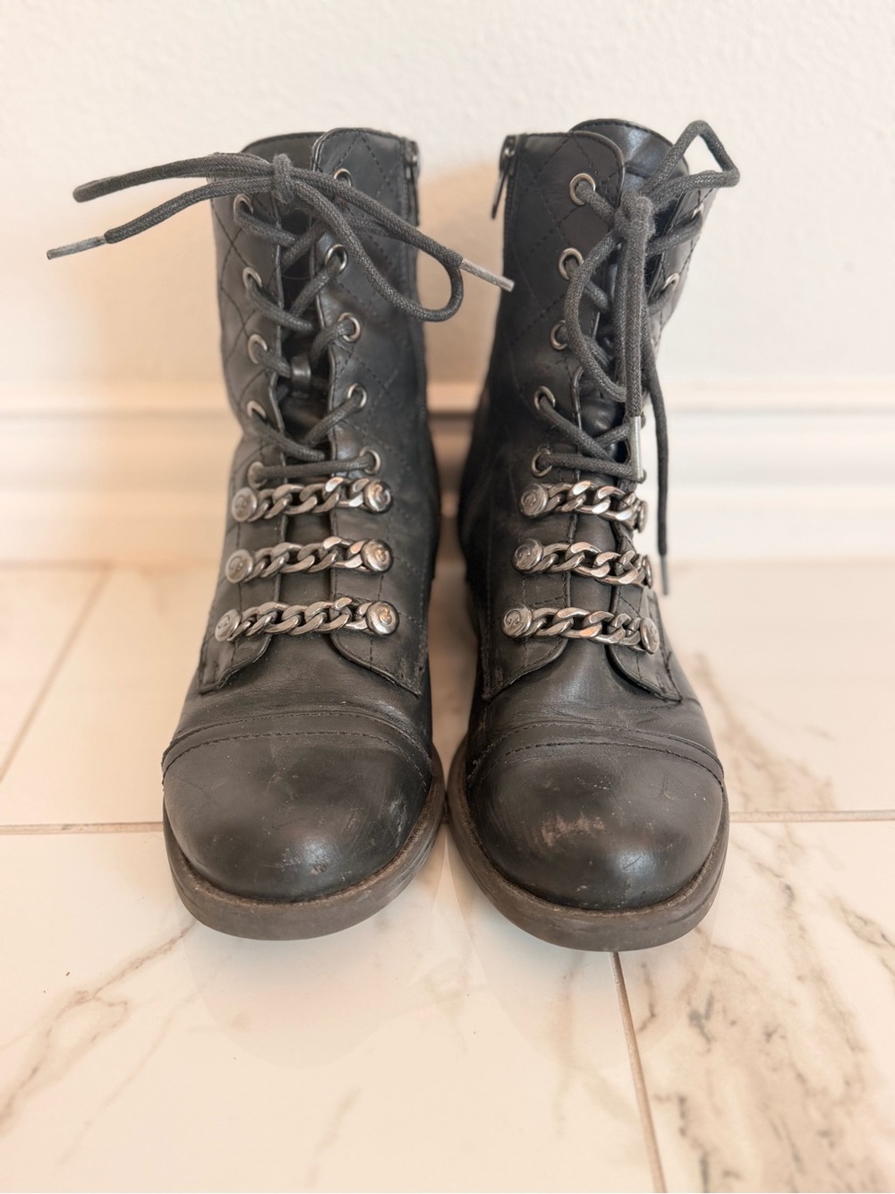 Guess Black Lace-Up Combat Boots with Chain Hardware
